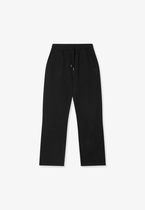 Black sweatpants made from soft fabric, featuring an elastic waistband with drawstring, side pockets, and a straight leg design.