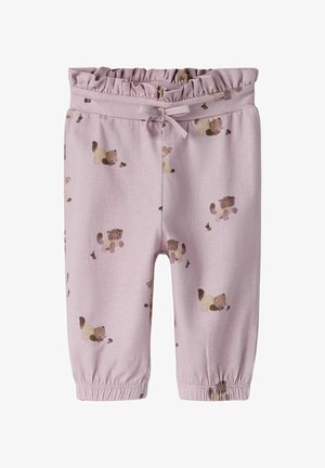 Lichtroze katoenen broek met een elastische tailleband, voorzien van een speels berenpatroon en gerimpelde boorden bij de enkels.