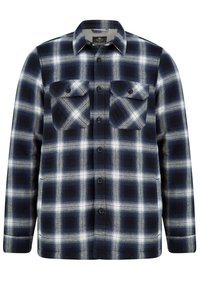 Chemise en flanelle à carreaux bleu marine et blanc, dotée de deux poches poitrine, de fermetures à boutons et de manches longues avec un ourlet droit. Texture douce.