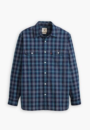 Camicia a maniche lunghe a quadri blu navy e azzurro, con colletto abbottonato, due tasche sul petto e bottoni bianchi. Materiale in cotone con una texture liscia.