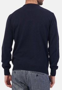 Maglione lavorato a maglia blu navy con scollo a costine e polsini, caratterizzato da maniche lunghe e una trama liscia, visto da dietro.
