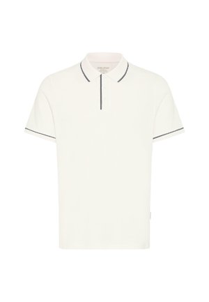 Polo blanc à manches courtes avec bordure noire sur le col, la patte de boutonnage et les bords des manches, présenté sur un fond uni.