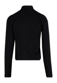 Bluză neagră cu mâneci lungi și guler înalt, realizată dintr-un material neted. Are un design scurt, fără închizători sau embellishments vizibile.