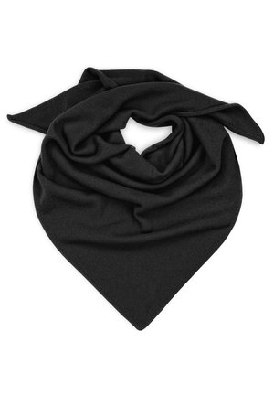 Black triangular scarf made of soft, textured fabric. Features smooth edges and a draped appearance, suitable for various styling options.