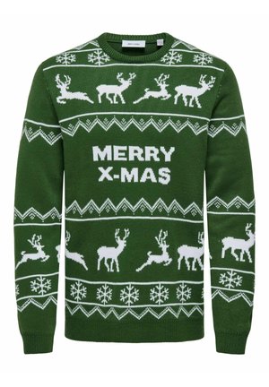 Zielony sweter z dzianiny z białymi reniferami, płatkami śniegu i napisem "WESOŁY X-MAS", z geometrycznym wzorem na klatce piersiowej i rękawach.