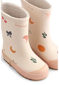 Vaikiški gumini batai nuo lietaus švelnios kremo spalvos su spalvingais atspaudais, įskaitant kates, kaspinus ir saulutes. Tekstuota gumos pado dalis ir pūkuotas pamušalas.