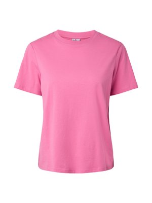 T-shirt en coton rose vif uni à manches courtes et col rond, présenté à plat avec le devant vers l'avant sur un fond blanc.