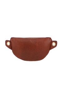 Bruine gestructureerde faux leren pouch met een afgeronde vorm, ritssluiting en cirkelvormige accenten van goudkleurig metaal aan beide zijden.