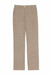Pantalons à carreaux marron et beige avec deux poches latérales, une fermeture à bouton, des jambes droites et une texture de tissu lisse.