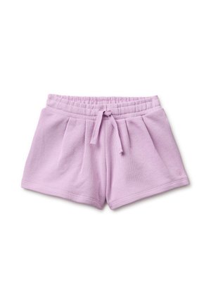 Weiche Shorts in Fliederfarbe mit elastischem Bund und vorne gebundenem Kordelzug, flach auf weißem Hintergrund liegend.