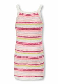 Strickkleid mit horizontalen Streifen in Rosa, Weiß und Grün. Es hat dünne Träger und eine figurbetonte Schnittform. Die Textur wirkt gerippt.