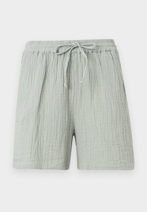 Ανοιχτό γκρι υφασμάτινο σορτς από βαμβάκι με ελαστική μέση και κορδόνι που δένεται μπροστά, σχεδιασμένο για καθημερινή χρήση.