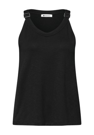 Černý top bez rukávů s nastavitelné ramínky se sponou a kulatým výstřihem.