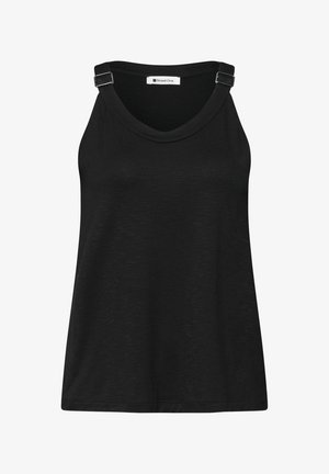 Musta hihaton toppi, jossa säädettävät solkiolkaimet ja pyöreä pääntie.