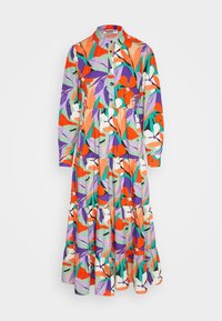 Robe à manches longues, à volants, présentant un motif floral coloré avec des tons rouges, violets et verts ; devant à boutons et col.