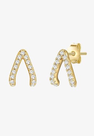 Orecchini d'oro a forma di V, adornati con strass trasparenti lungo i bordi. Inclusa una chiusura posteriore per un fissaggio sicuro.