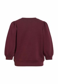 Sweat-shirt violet foncé avec manches longues bouffantes et poignets côtelés, vu de dos sur un fond blanc.