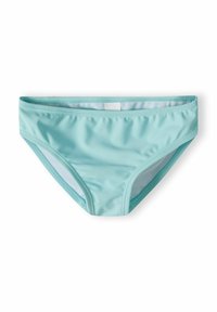 Slip in un bikini bottom verde menta con una texture liscia, una vita elastica e un design a copertura minima. Presenta bordi cuciti per una maggiore durata.