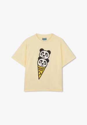 Żółta bawełniana koszulka z grafiką dwóch głów pand w rożku lodowym. Projekt zawiera czarne i żółte akcenty.