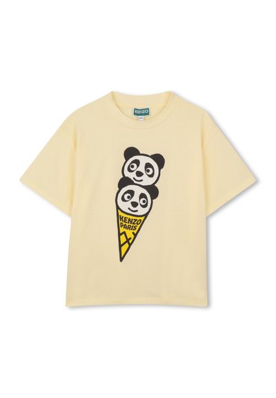Żółta bawełniana koszulka z grafiką dwóch głów pand w rożku lodowym. Projekt zawiera czarne i żółte akcenty.