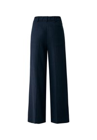 Wijde broek in donkerblauwe stof. Gladde textuur, met een tailleband met riemlussen en een enkele achterzak.