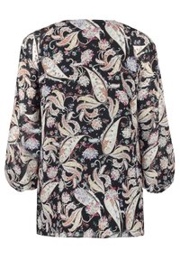 Schwarze Bluse mit einem floralen Paisleymuster in sanften Pastellfarben. Verfügt über lange Ärmel und einen locker sitzenden Schnitt mit einer glatten, leichten Textur.