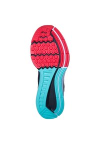 Suola della scarpa caratterizzata da una combinazione di colori rosso e turchese, con un motivo esagonale per migliorare la trazione, arricchita da dettagli in gomma nera testurizzata.