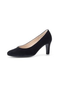 Sorte skinnede høyhælte pumps med rund tå, en glatt tekstur og 7,5 cm hæl; interiøret har en kontrasterende beige fôr.