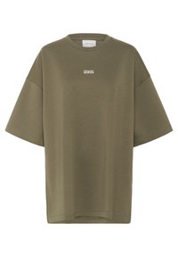 Olijfgroene oversized T-shirt gemaakt van zachte katoen; heeft een ronde halslijn en een klein wit logo op de borst. Korte mouwen en een rechte zoom.