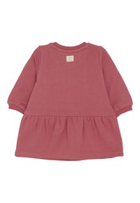 Langärmliges Kleid für Kleinkinder in staubrosa mit gerafftem Rock und gerippten Bündchen, von hinten gezeigt mit einem kleinen eingenähten Markenetikett.