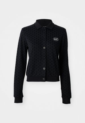 Black cardigan with diamond pattern, button closure, and ribbed cuffs. Features a collar and an embroidered logo on the left chest.