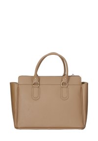 Beige leren handtas met twee korte handvatten, gouden hardware-accenten, gestructureerde vorm en een textuur oppervlak. Gevoerd vak aan de bovenkant.