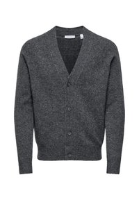 Dark gray wool cardigan with a V-neck, front buttons, long sleeves, and ribbed cuffs and hem. Smooth texture with a classic design.