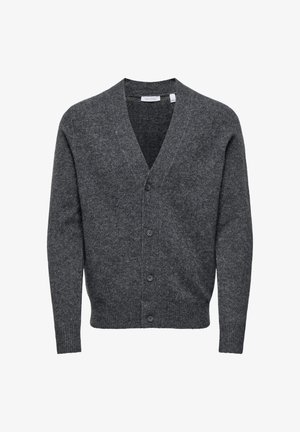 Dunkelgrauer Wollcardigan mit V-Ausschnitt, Vorderknöpfen, langen Ärmeln sowie gerippten Bündchen und Saum. Glatte Textur mit klassischem Design.