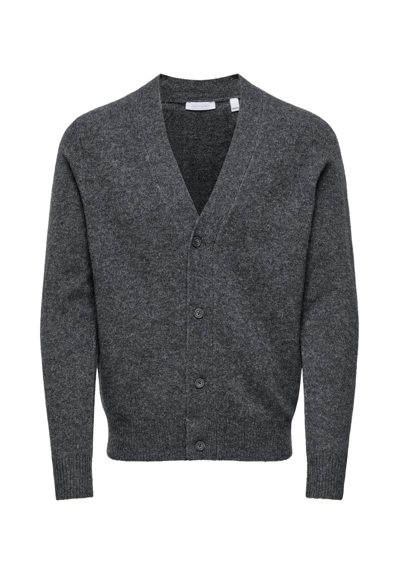 Dark gray wool cardigan with a V-neck, front buttons, long sleeves, and ribbed cuffs and hem. Smooth texture with a classic design.