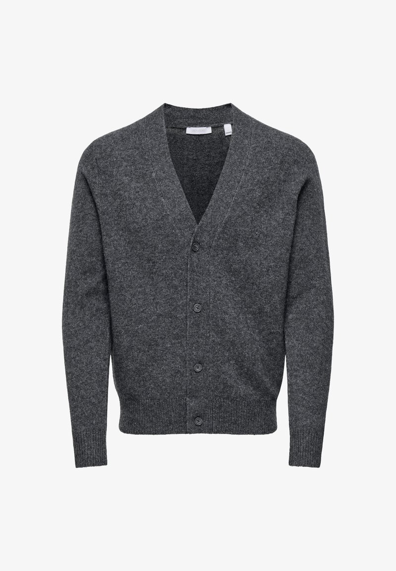 Dark gray wool cardigan with a V-neck, front buttons, long sleeves, and ribbed cuffs and hem. Smooth texture with a classic design.