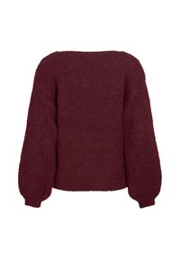 Pull en maille bordeaux avec manches longues bouffantes et poignets et ourlet côtelés, vu de dos.