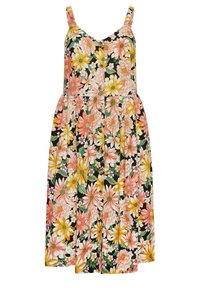 Květinové šaty s tenkými ramínky, které mají černé pozadí a vzor růžových, žlutých a bílých květin; obsahují knoflíkové detaily na přední straně.