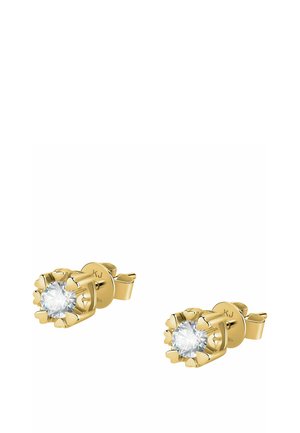 Paar goldene Steckerohrringe, jeweils mit einem runden klaren Edelstein, der von sechs herzförmigen Krappen gehalten wird, mit Schmetterlingsverschlüssen.