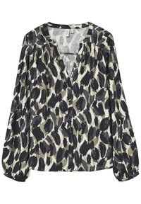 Langärmlige Bluse mit Knopfleiste, schwarz-grau-weißem abstraktem Animal-Print und gerafftem Vorderteil vor weißem Hintergrund.