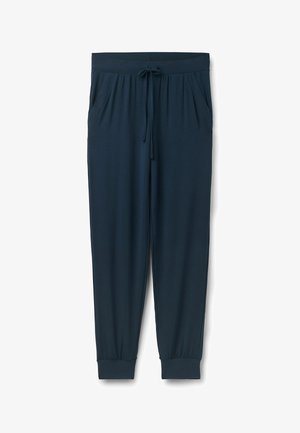 Navy Jogginghosen aus weichem Stoff, mit einem elastischen Bund mit Kordelzug, seitlichen Taschen und elastischen Bündchen am Knöchel.