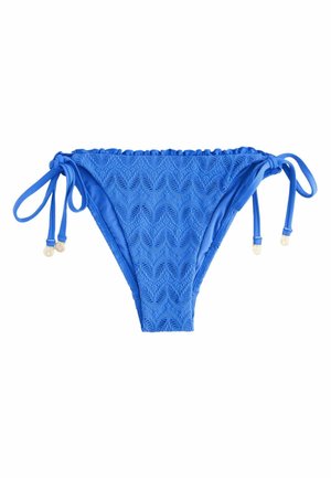 Blue bikini bottom featuring a textured wave pattern, adjustable ties on each side, and a ruffled waistband for a secure fit.