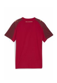 Camiseta deportiva color marrón con cuello redondo, mangas cortas y paneles en los hombros de un marrón más oscuro. Presenta "DES IS SOIZBURG" en texto dorado.