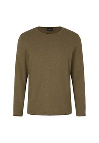 Langärmliges olivgrünes Shirt aus weichem Stoff, mit rundem Ausschnitt und lockerem Schnitt. Einfaches Design, ohne Muster oder Akzente.