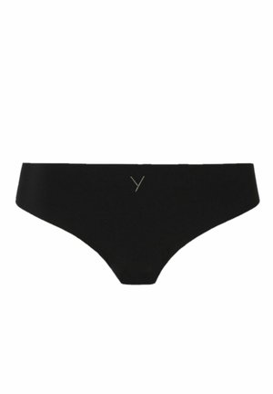 Culotte bikini noire à texture lisse, ornée d'un petit emblème décoratif en forme de "Y" en strass au centre avant.