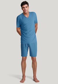 Lichtblauw kortslätz T-shirt met v-hals, gecombineerd met gestreepte zwemshorts in blauw en wit. Model staat op blote voeten met de handen achter de rug.