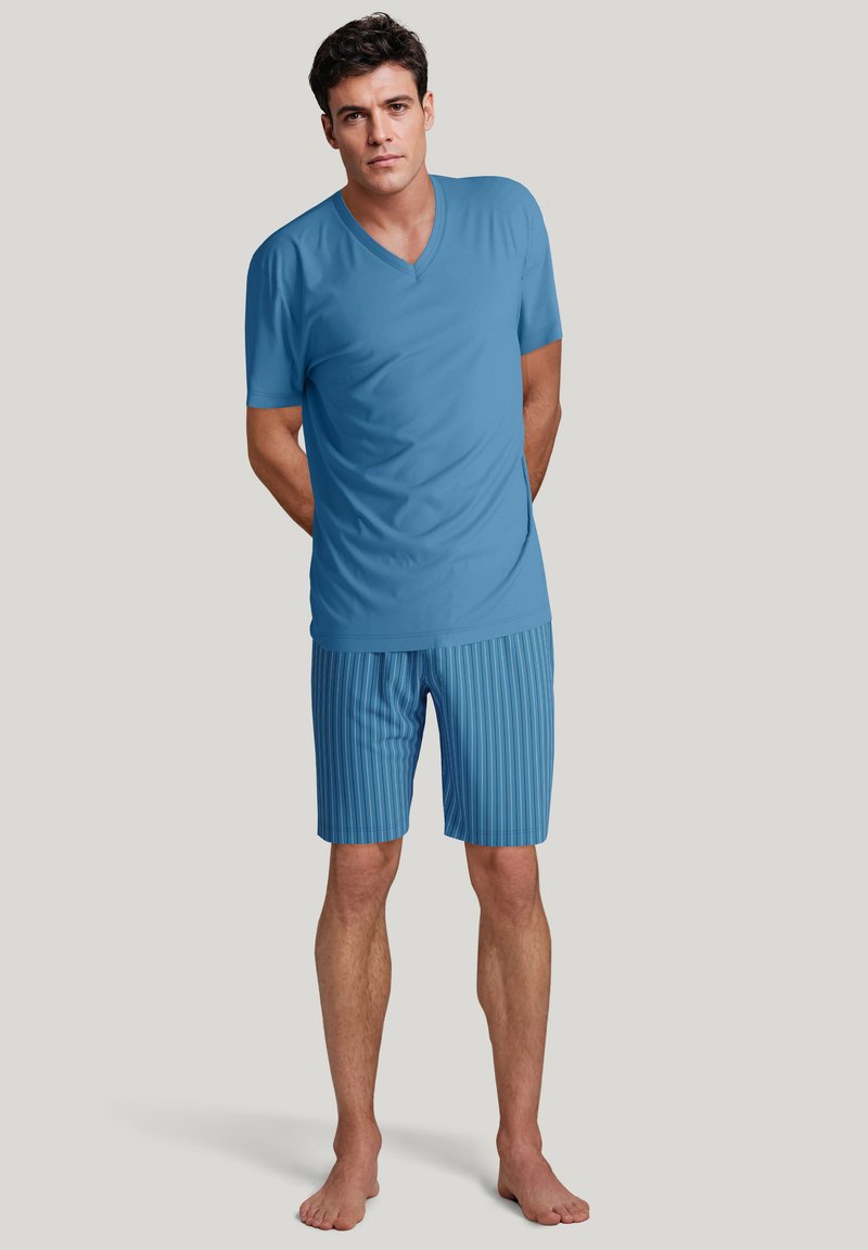 Lichtblauw kortslätz T-shirt met v-hals, gecombineerd met gestreepte zwemshorts in blauw en wit. Model staat op blote voeten met de handen achter de rug.