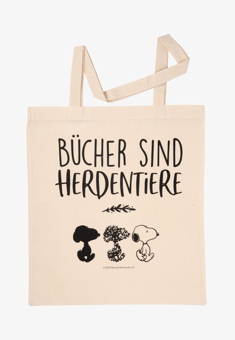 Canvas tote bag in natural color with black text: "BÜCHER SIND HERDENTIERE" and illustrations of three cartoon dogs.