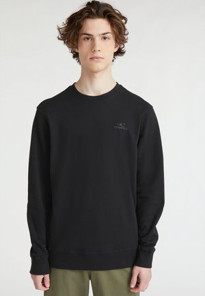 Schwarzer Sweatshirt mit langen Ärmeln, Rundhalsausschnitt und einem dezenten Logo in dunklerer Farbe. Hergestellt aus weichem Stoff, mit gerippten Bündchen und Saum.