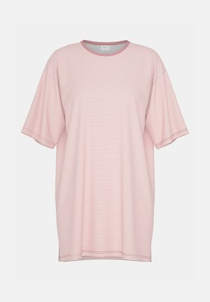 Pehmeän vaaleanpunainen ja valkoinen raitainen t-paita, jossa on lyhyet hihat, pyöreä pääntie ja rento istuvuus. Sileä kangas, jossa on minimalinen tekstuuri.